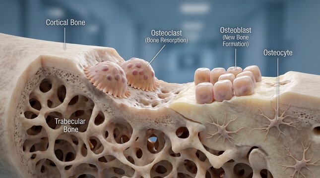 A detailed illustration of a bone structure with labeled components including cortical and trabecular bone