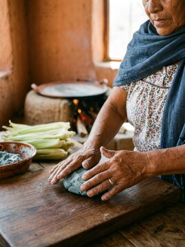 Mature woman kneading blue corn masa dough on wooden board. Traditional Mexican cook preparing handmade tortilla. Authentic kitchen scene with rustic wood stove and fresh corn.