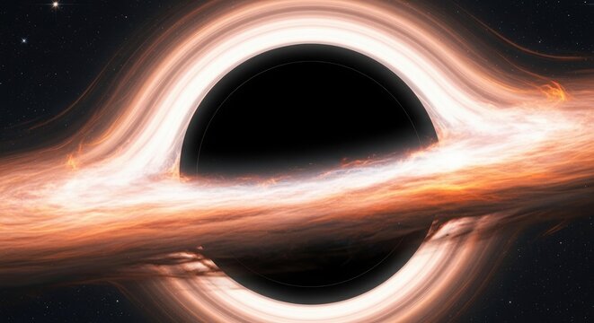 Black hole, supermassive cosmic phenomenon demonstrating immense gravitational singularity, distorting spacetime near event horizon, glowing accretion disk radiating energy, consuming matter.