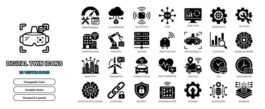 digital twin flat icon set vector tech technology solid glyph isolated virtual simulation web ui sign element