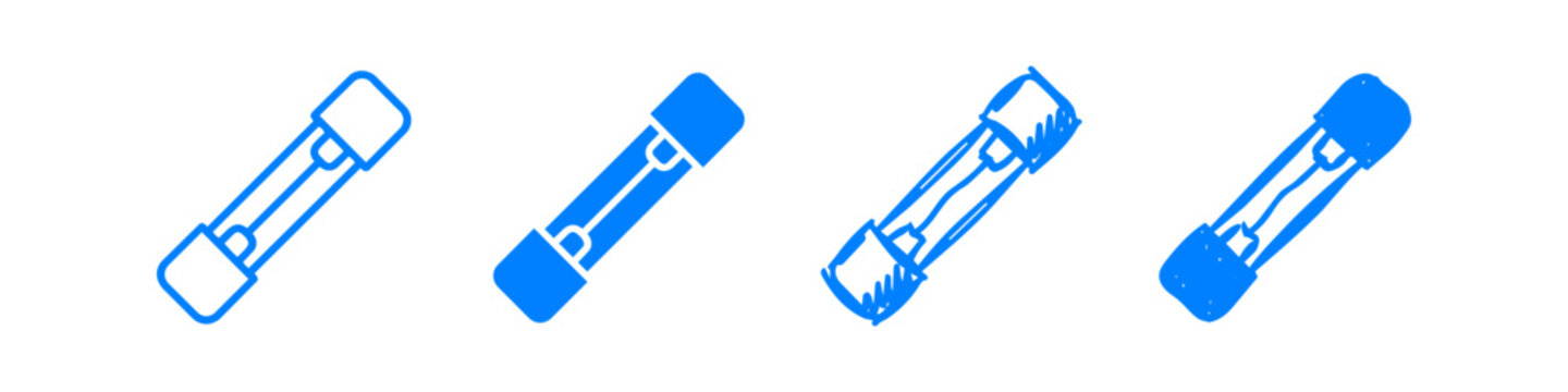 Four blue electrical fuse icons in outline, solid, and sketchy styles. Symbols for circuit protection and industrial safety.