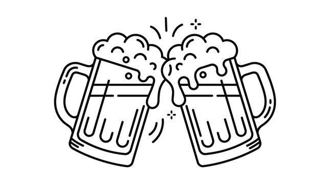 Two beer mugs clinking together line art icon.