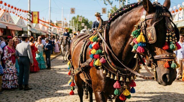 Decorated horse with traditional harness at Spanish fair. Andalusian culture festival with woman and man in folk costume. Celebration of Feria de Abril in Seville, Spain. Travel concept.