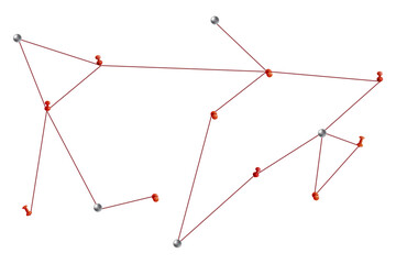 A star map showing connections between stars in a constellation with red lines and dots on a transparent background transparent background © AbstractZone