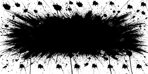 A dynamic black ink splatter bursts outwards, creating an abstract, energetic explosion of dark droplets against a stark white background. A striking visual metaphor for chaos, creativity. © GREENPIXEL Art