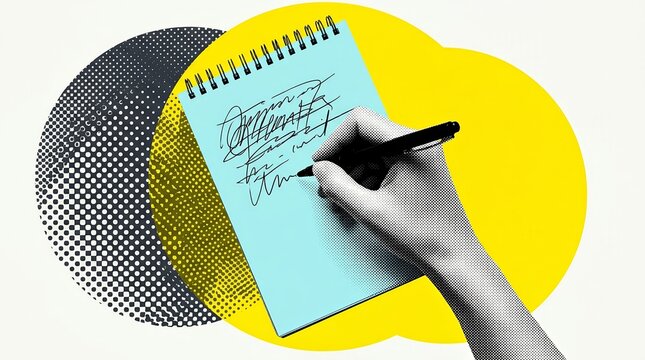 A composite photo collage featuring a hand holding a pen writing on a notepad paper planner.
