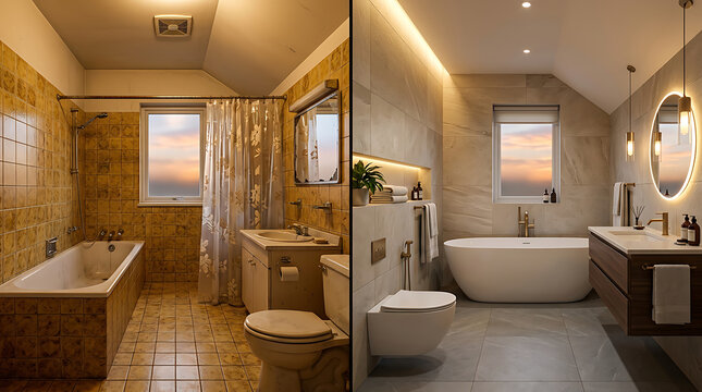 Transformative bathroom renovation showcasing a transition from outdated tiling to modern minimalist design with elegant