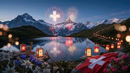 Obraz premium Swiss National Day celebration, August first festive display over a quiet alpine lake, reflecting snow-capped peaks, featuring a red cross flag, glowing lanterns lining mountain path, edelweiss.