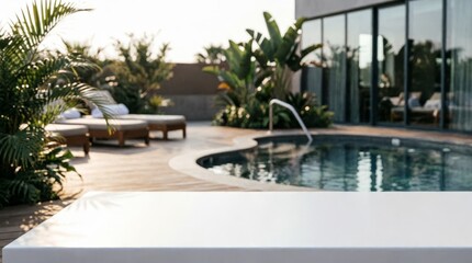 Fototapeta premium Luxury Poolside Retreat with Tropical Plants and Modern Decking for Lifestyle Design