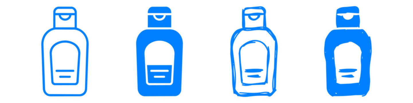 Set of blue cosmetic bottle icons in various styles, including outline, solid, and hand-drawn versions. Ideal for skincare, beauty, and hygiene product design and UI/UX.