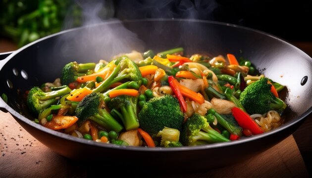 vibrant and savory vegetable stir fry sizzling in a wok