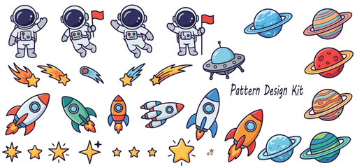 Set of Cute Cartoon Space Elements, Astronauts, Rockets, Planets and Stars Vector Illustration for Pattern Design © VectorEngraveHalfton