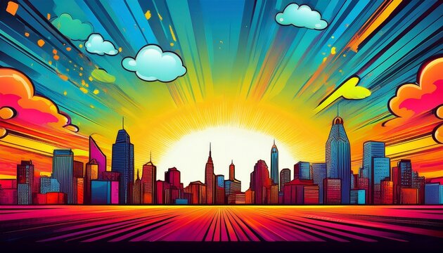 vibrant pop art inspired comic city skyline with empty space for text