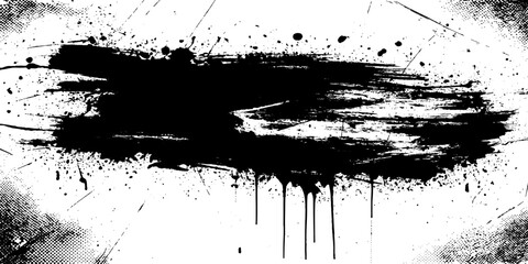 A striking black ink splash with a grunge texture, resembling a distressed brushstroke or paint splatter, creates a dramatic and abstract artistic effect. © GREENPIXEL Art