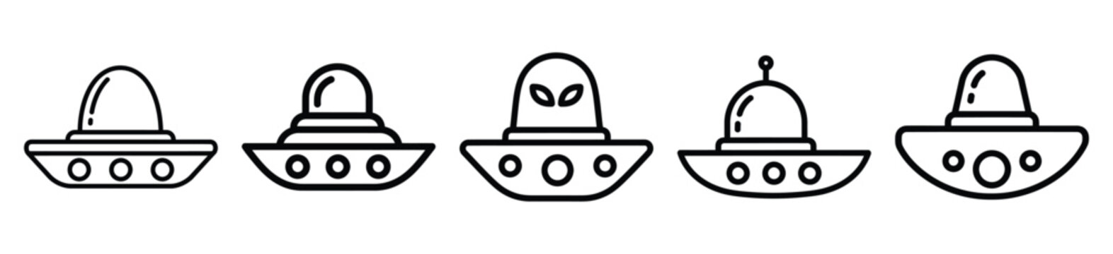 silly alien ship drawing line art symbol and funny outline vector icon set.