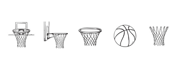Hand drawn sketch style basketball icons featuring nets rims and equipment for sports design projects. © MdNasir
