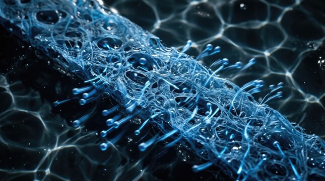 Polyethylene separator membrane, showing spherical lithium ions in motion blur, passing through porous polymer fibers amidst liquid electrolyte during battery electrochemical discharge.