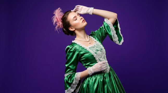 An elegant young woman in a green historical dress poses against a violet background.