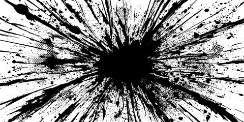 A dynamic explosion of black ink splatters radiates outwards from a central point, creating a visually striking abstract pattern. © GREENPIXEL Art