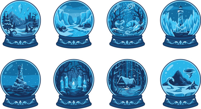 Winter snowglobes vector graphic set with snowy castle lighthouse mountains and cabin landscapes inside glass globes