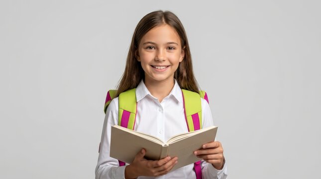 Cheerful pre-teen girl holding an open exercise book for homework.