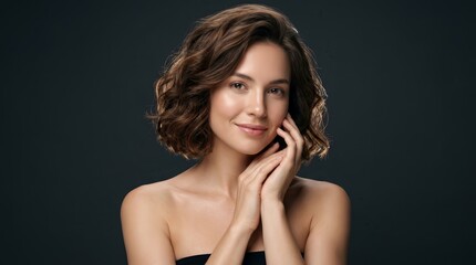 Fototapeta premium Beautiful woman with a short bob hairstyle showing positive emotions in a closeup portrait.