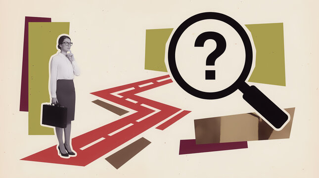 Creative retro mixed-media collage featuring a full-body office professional in black and white standing beside an oversized magnifying glass with a question mark. Abstract geometric shapes