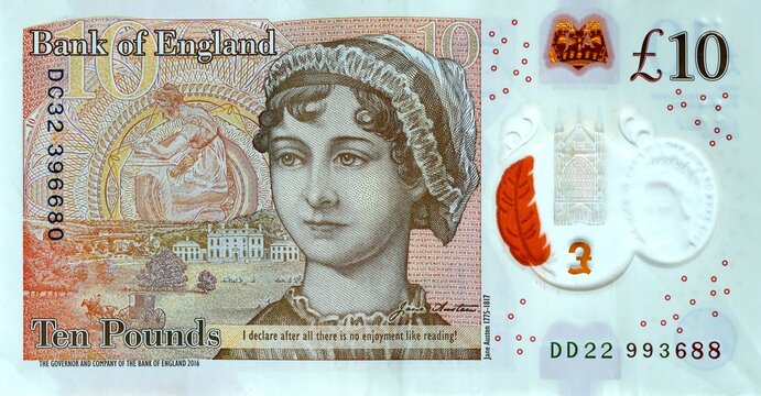 Great Britain or England pound 10 with the image of a portrait of Jane Austen