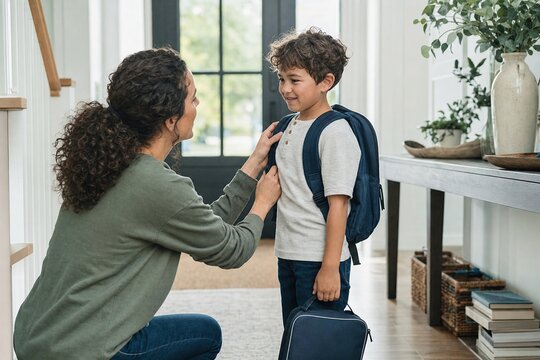 Child gets ready for first day of school with parent in a home hallway