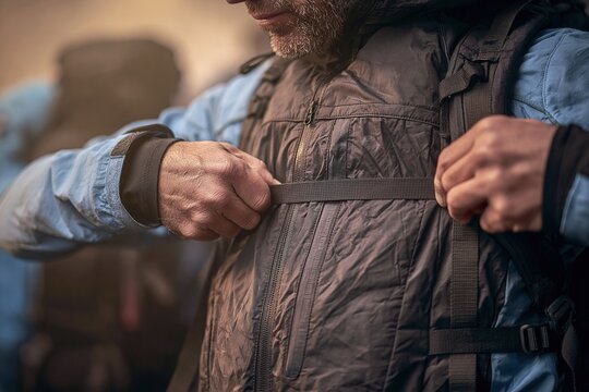 Man Adjusting Backpack Straps in Cold Weather