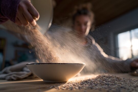Hand pouring flour into bowl, dusting particles flying.