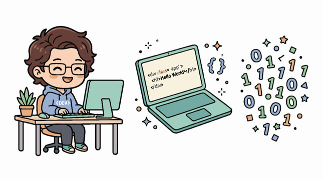 Cute chibi programmer character coding on computer with laptop and binary code elements vector illustration.