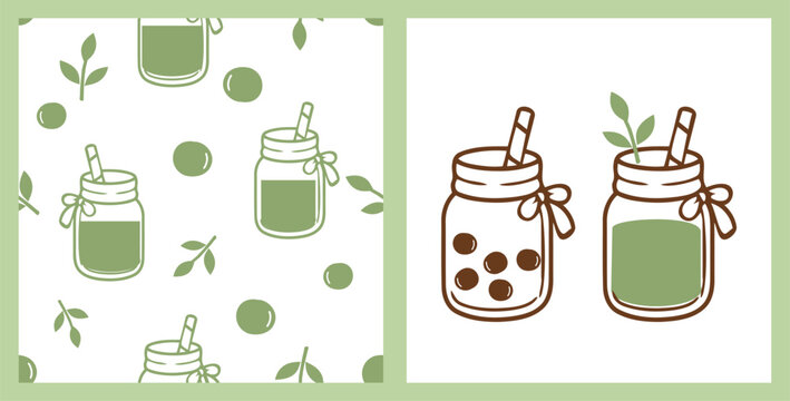 Cute bubble tea and matcha drink collection in glass jars with seamless botanical pattern, hand drawn flat vector illustrations for cafe branding, stickers, packaging, fabric, and textile design