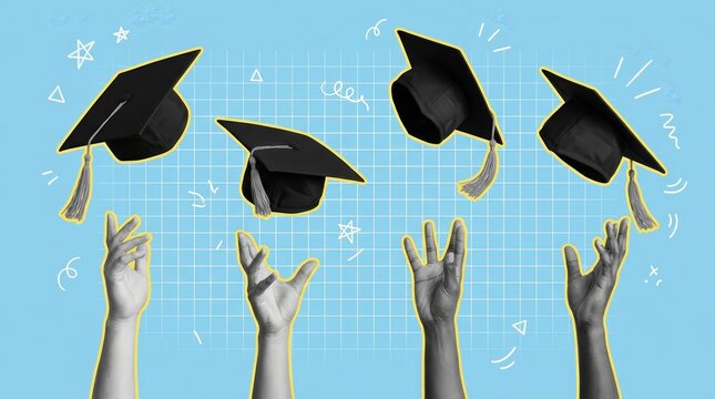 Photo collage of flying graduation hats and student hand gestures celebrating success.