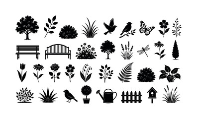 Obraz premium Collection of black silhouettes representing garden elements and nature