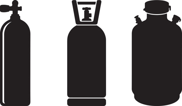 Gas cylinder icons, oxygen tank silhouettes, industrial gas bottles, vector gas containers isolated on Transparent Background