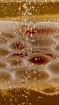 Macro view of a kombucha scoby with effervescent bubbles rising through layers of fermented liquid