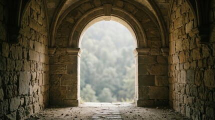 Fototapeta premium Stone archway framing distant blurred forest landscape view