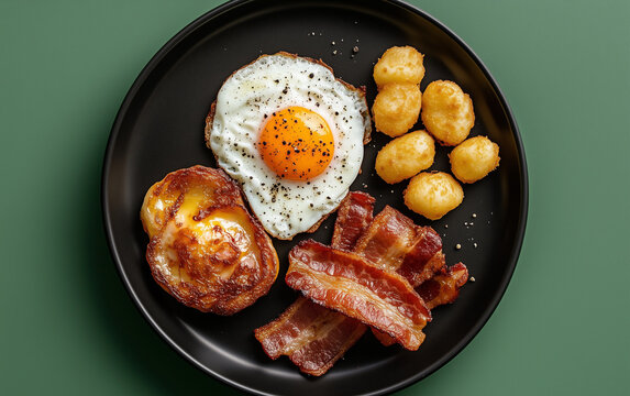 Fried egg bacon soft boiled egg gnocchi breakfast protein high cholesterol yellow white black plate green background