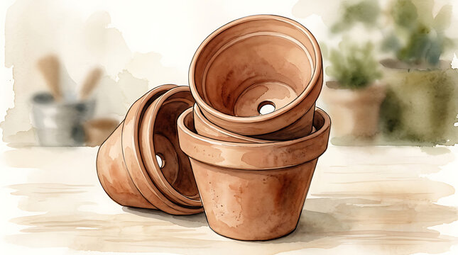 Stack of empty terracotta flower pots on a wooden surface with blurred garden background