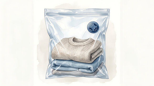 Vacuum storage bag containing folded sweaters and knitwear with a blue valve on white background