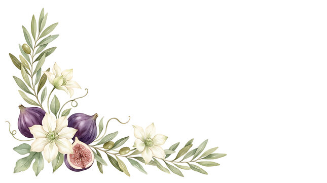 Watercolor fig fruit and white flower corner border with olive leaves on a white background