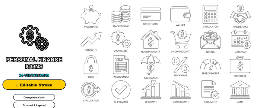 personal finance line icon set vector outline money budget editable stroke isolated wallet save web ui element