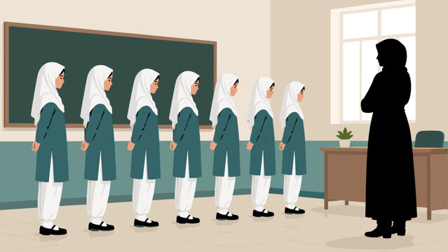 Schoolgirls lineup with teacher silhouette in classroom discipline scene, schoolgirls, lineup, teacher, classroom, uniforms,