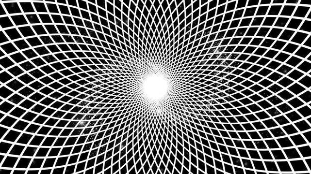 Animation of the spatial rhomboid grid which rotates with a central perspective, spiral special effects with white glowing particles on galaxy background, video looping 