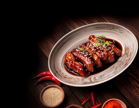 asian roasted pork with sriracha sauce hot pepper and sesame pieces of meat fried in soy sauce on wooden background top view copy space for text