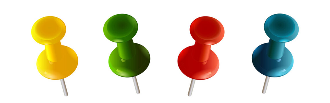 Four colorful push pins with shiny heads and metal needles on white background for office supplies and stationery needs transparent background
