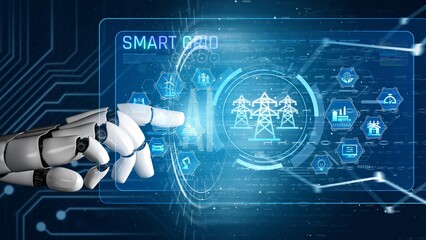 Obraz premium AI optimizes smart grid infrastructure by integrating renewable energy, managing distribution, and enabling intelligent demand response for sustainable power systems Marrow