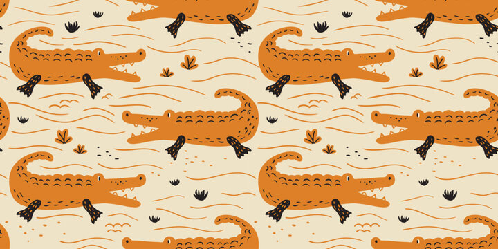 Orange Crocodile Seamless Pattern