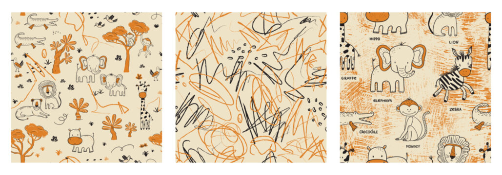 Safari Animal Scribble Seamless Pattern Vector